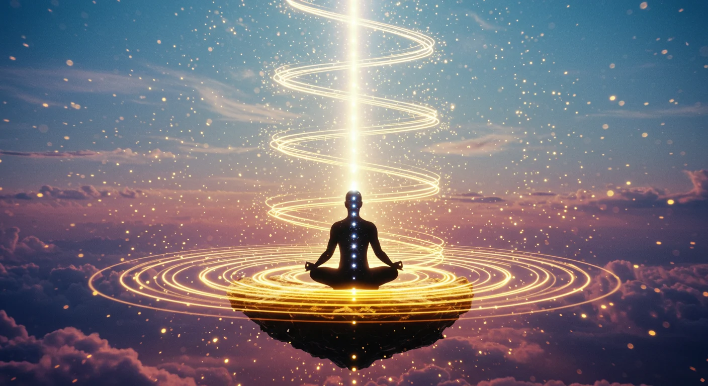“Una silueta humana en posición de loto sobre una plataforma de luz flotante, rodeada de círculos concéntricos de energía dorada y blanca que ascienden en espirales. Partículas luminosas flotan suavemente alrededor, y el fondo muestra un cielo etéreo con tonos azules y violetas. La escena transmite calma, conexión y elevación espiritual.”